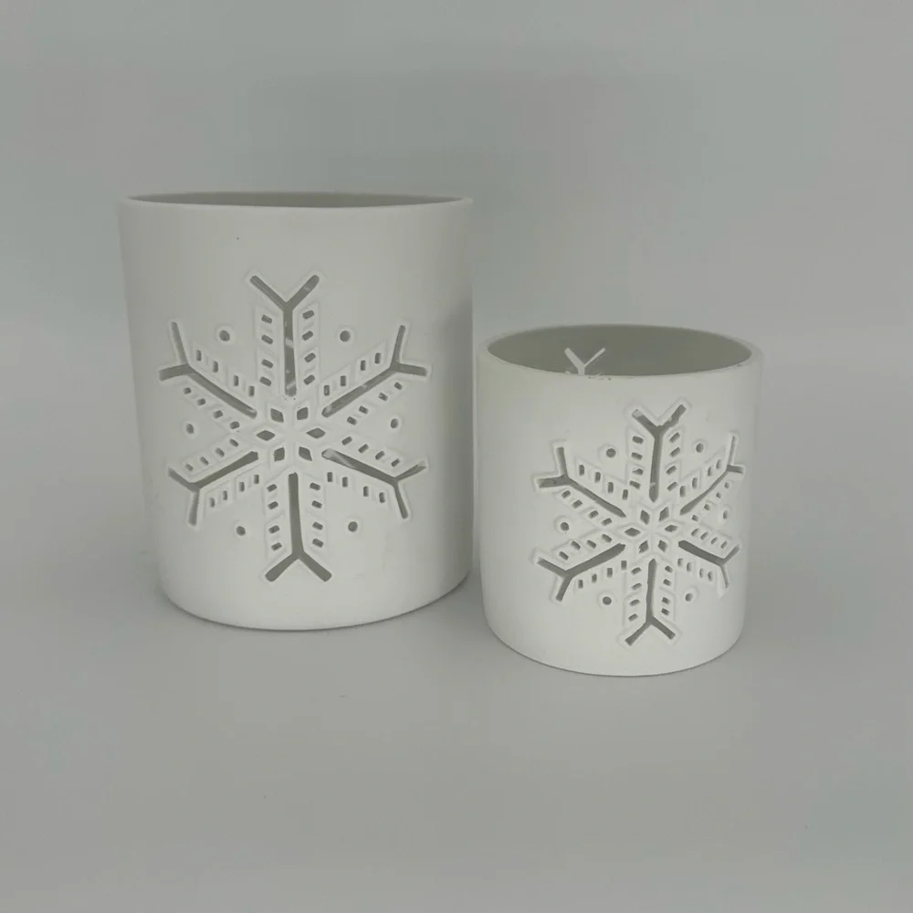 2 Crate & Barrel Snowflake Hurricane Candle Holders